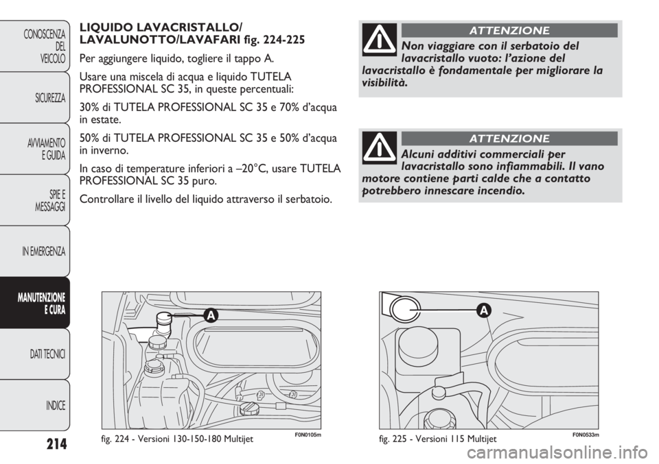 FIAT DUCATO 2013 Libretto Uso Manutenzione (in Italian) F0N0105mfig. 224 - Versioni 130-150-180 Multijet214
CONOSCENZA
DEL
VEICOLO
SICUREZZA
AVVIAMENTO
E GUIDA
SPIE E
MESSAGGI
IN EMERGENZA
MANUTENZIONE
E CURA
DATI TECNICI
INDICE
LIQUIDO LAVACRISTALLO/
LAVA FIAT DUCATO 2013 Libretto Uso Manutenzione (in Italian) F0N0105mfig. 224 - Versioni 130-150-180 Multijet214
CONOSCENZA
DEL
VEICOLO
SICUREZZA
AVVIAMENTO
E GUIDA
SPIE E
MESSAGGI
IN EMERGENZA
MANUTENZIONE
E CURA
DATI TECNICI
INDICE
LIQUIDO LAVACRISTALLO/
LAVA