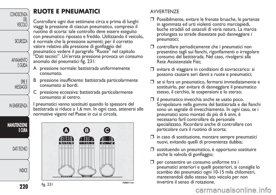 FIAT DUCATO 2013 Libretto Uso Manutenzione (in Italian) 220
CONOSCENZA
DEL
VEICOLO
SICUREZZA
AVVIAMENTO
E GUIDA
SPIE E
MESSAGGI
IN EMERGENZA
MANUTENZIONE
E CURA
DATI TECNICI
INDICE
F0N0111mfig. 231
AVVERTENZE
❒Possibilmente, evitare le frenate brusche, l FIAT DUCATO 2013 Libretto Uso Manutenzione (in Italian) 220
CONOSCENZA
DEL
VEICOLO
SICUREZZA
AVVIAMENTO
E GUIDA
SPIE E
MESSAGGI
IN EMERGENZA
MANUTENZIONE
E CURA
DATI TECNICI
INDICE
F0N0111mfig. 231
AVVERTENZE
❒Possibilmente, evitare le frenate brusche, l
