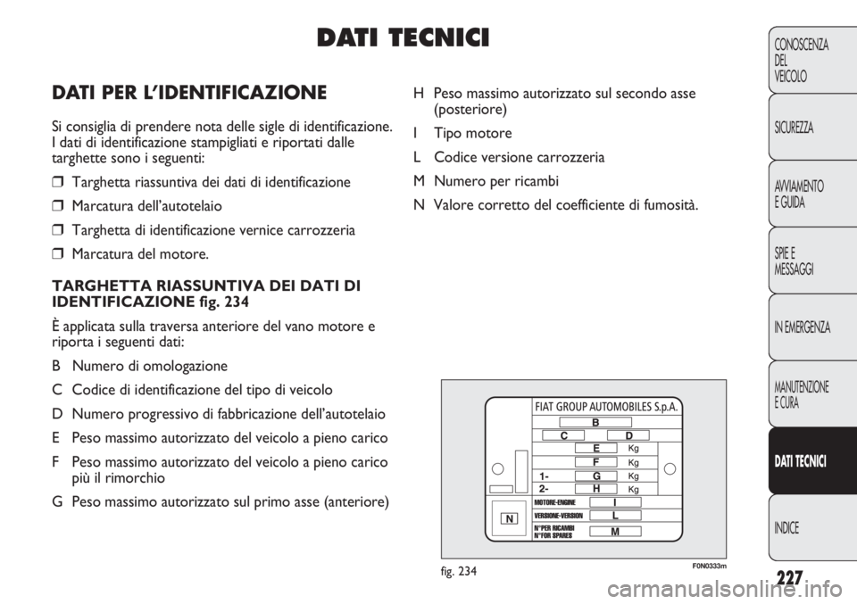 FIAT DUCATO 2013 Libretto Uso Manutenzione (in Italian) 227
CONOSCENZA
DEL
VEICOLO
SICUREZZA
AVVIAMENTO
E GUIDA
SPIE E
MESSAGGI
IN EMERGENZA
MANUTENZIONE
E CURA
DATI TECNICI
INDICE
F0N0333mfig. 234
H Peso massimo autorizzato sul secondo asse
(posteriore)
I FIAT DUCATO 2013 Libretto Uso Manutenzione (in Italian) 227
CONOSCENZA
DEL
VEICOLO
SICUREZZA
AVVIAMENTO
E GUIDA
SPIE E
MESSAGGI
IN EMERGENZA
MANUTENZIONE
E CURA
DATI TECNICI
INDICE
F0N0333mfig. 234
H Peso massimo autorizzato sul secondo asse
(posteriore)
I