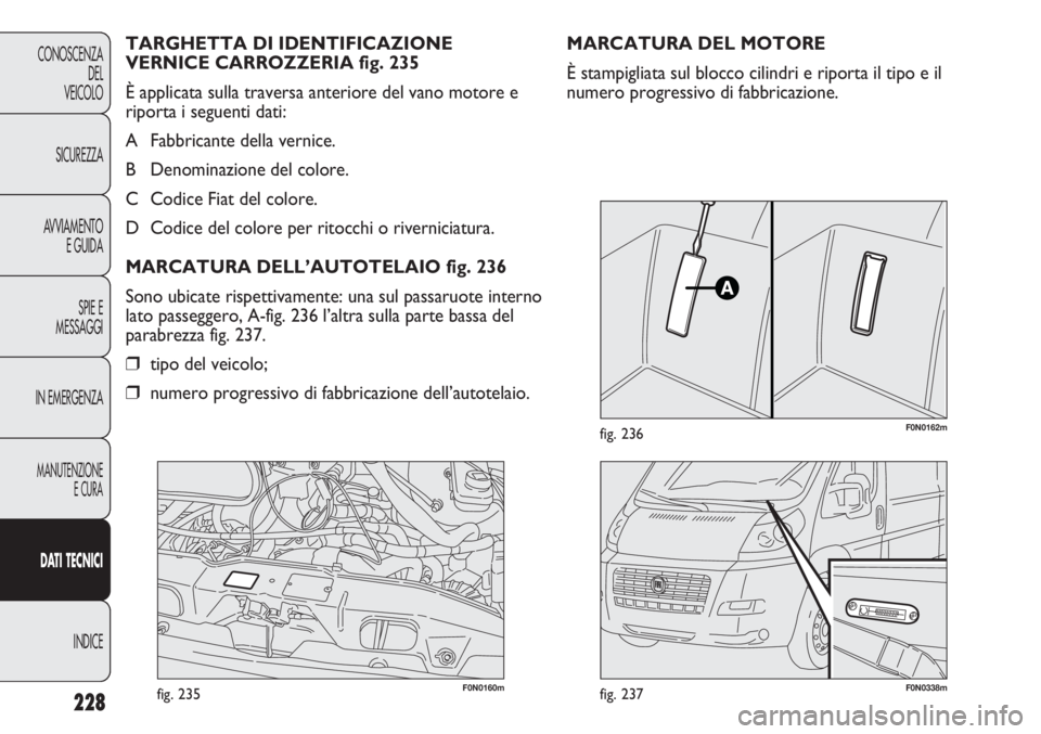 FIAT DUCATO 2013 Libretto Uso Manutenzione (in Italian) 228
CONOSCENZA
DEL
VEICOLO
SICUREZZA
AVVIAMENTO
E GUIDA
SPIE E
MESSAGGI
IN EMERGENZA
MANUTENZIONE
E CURA
DATI TECNICI
INDICE
F0N0160mfig. 235F0N0338mfig. 237
F0N0162mfig. 236
MARCATURA DEL MOTORE
È s FIAT DUCATO 2013 Libretto Uso Manutenzione (in Italian) 228
CONOSCENZA
DEL
VEICOLO
SICUREZZA
AVVIAMENTO
E GUIDA
SPIE E
MESSAGGI
IN EMERGENZA
MANUTENZIONE
E CURA
DATI TECNICI
INDICE
F0N0160mfig. 235F0N0338mfig. 237
F0N0162mfig. 236
MARCATURA DEL MOTORE
È s