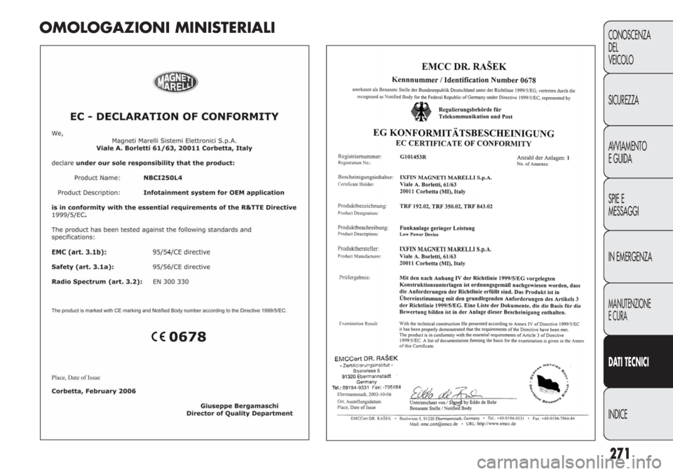 FIAT DUCATO 2013 Libretto Uso Manutenzione (in Italian) 271
CONOSCENZA
DEL
VEICOLO
SICUREZZA
AVVIAMENTO
E GUIDA
SPIE E
MESSAGGI
IN EMERGENZA
MANUTENZIONE
E CURA
DATI TECNICI
INDICE
OMOLOGAZIONI MINISTERIALI FIAT DUCATO 2013 Libretto Uso Manutenzione (in Italian) 271
CONOSCENZA
DEL
VEICOLO
SICUREZZA
AVVIAMENTO
E GUIDA
SPIE E
MESSAGGI
IN EMERGENZA
MANUTENZIONE
E CURA
DATI TECNICI
INDICE
OMOLOGAZIONI MINISTERIALI