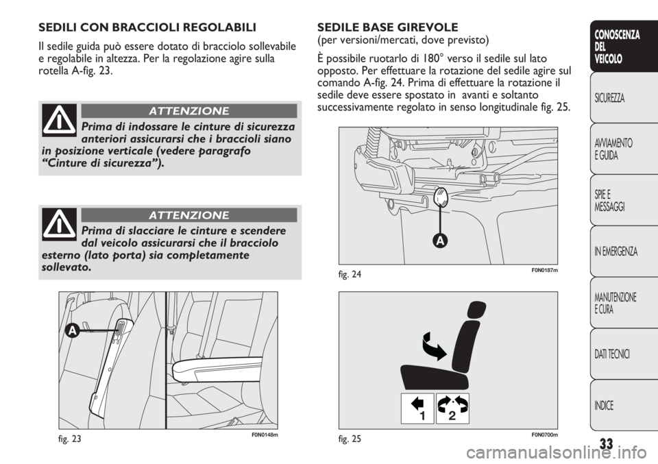 FIAT DUCATO 2013  Libretto Uso Manutenzione (in Italian) 33
CONOSCENZA
DEL
VEICOLO
SICUREZZA
AVVIAMENTO
E GUIDA
SPIE E
MESSAGGI
IN EMERGENZA
MANUTENZIONE
E CURA
DATI TECNICI
INDICE
F0N0148mfig. 23
12
F0N0700mfig. 25
F0N0187mfig. 24
SEDILE BASE GIREVOLE 
(pe
