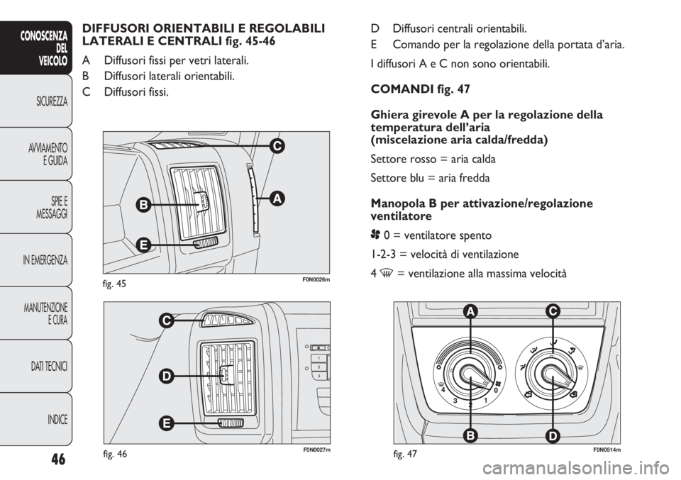 FIAT DUCATO 2012  Libretto Uso Manutenzione (in Italian) F0N0026mfig. 45
F0N0027mfig. 46F0N0514mfig. 47
D Diffusori centrali orientabili.
E Comando per la regolazione della portata d’aria.
I diffusori A e C non sono orientabili.
COMANDI fig. 47
Ghiera gir