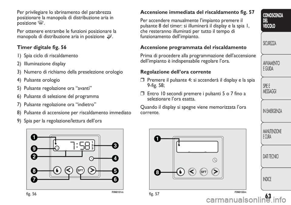 FIAT DUCATO 2013 Libretto Uso Manutenzione (in Italian) 63
CONOSCENZA
DEL
VEICOLO
SICUREZZA
AVVIAMENTO
E GUIDA
SPIE E
MESSAGGI
IN EMERGENZA
MANUTENZIONE
E CURA
DATI TECNICI
INDICE
F0N0151mfig. 56
Per privilegiare lo sbrinamento del parabrezza
posizionare l FIAT DUCATO 2013 Libretto Uso Manutenzione (in Italian) 63
CONOSCENZA
DEL
VEICOLO
SICUREZZA
AVVIAMENTO
E GUIDA
SPIE E
MESSAGGI
IN EMERGENZA
MANUTENZIONE
E CURA
DATI TECNICI
INDICE
F0N0151mfig. 56
Per privilegiare lo sbrinamento del parabrezza
posizionare l