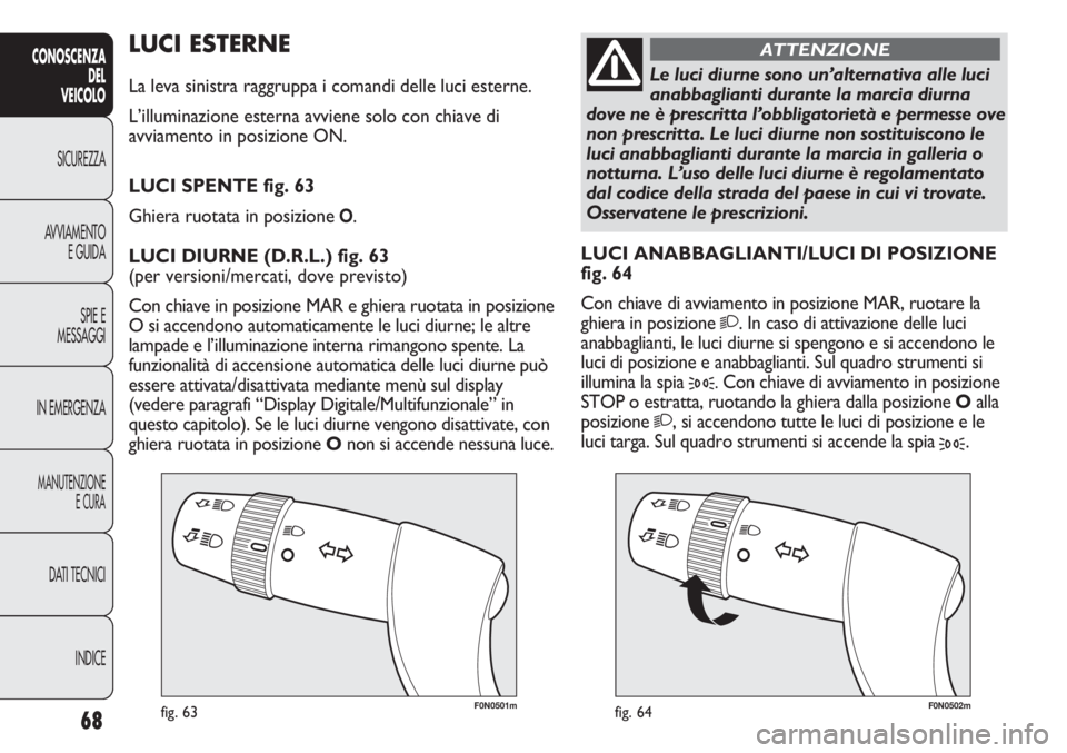 FIAT DUCATO 2013 Libretto Uso Manutenzione (in Italian) 68
CONOSCENZA
DEL
VEICOLO
SICUREZZA
AVVIAMENTO
E GUIDA
SPIE E
MESSAGGI
IN EMERGENZA
MANUTENZIONE
E CURA
DATI TECNICI
INDICE
F0N0501mfig. 63F0N0502mfig. 64
LUCI ANABBAGLIANTI/LUCI DI POSIZIONE
fig. 64
FIAT DUCATO 2013 Libretto Uso Manutenzione (in Italian) 68
CONOSCENZA
DEL
VEICOLO
SICUREZZA
AVVIAMENTO
E GUIDA
SPIE E
MESSAGGI
IN EMERGENZA
MANUTENZIONE
E CURA
DATI TECNICI
INDICE
F0N0501mfig. 63F0N0502mfig. 64
LUCI ANABBAGLIANTI/LUCI DI POSIZIONE
fig. 64