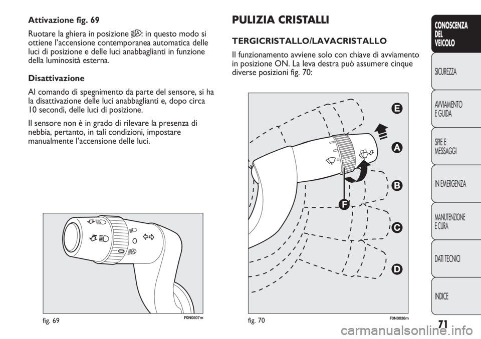 FIAT DUCATO 2013 Libretto Uso Manutenzione (in Italian) 71
CONOSCENZA
DEL
VEICOLO
SICUREZZA
AVVIAMENTO
E GUIDA
SPIE E
MESSAGGI
IN EMERGENZA
MANUTENZIONE
E CURA
DATI TECNICI
INDICE
F0N0507mfig. 69
PULIZIA CRISTALLI
TERGICRISTALLO/LAVACRISTALLO
Il funzionam FIAT DUCATO 2013 Libretto Uso Manutenzione (in Italian) 71
CONOSCENZA
DEL
VEICOLO
SICUREZZA
AVVIAMENTO
E GUIDA
SPIE E
MESSAGGI
IN EMERGENZA
MANUTENZIONE
E CURA
DATI TECNICI
INDICE
F0N0507mfig. 69
PULIZIA CRISTALLI
TERGICRISTALLO/LAVACRISTALLO
Il funzionam