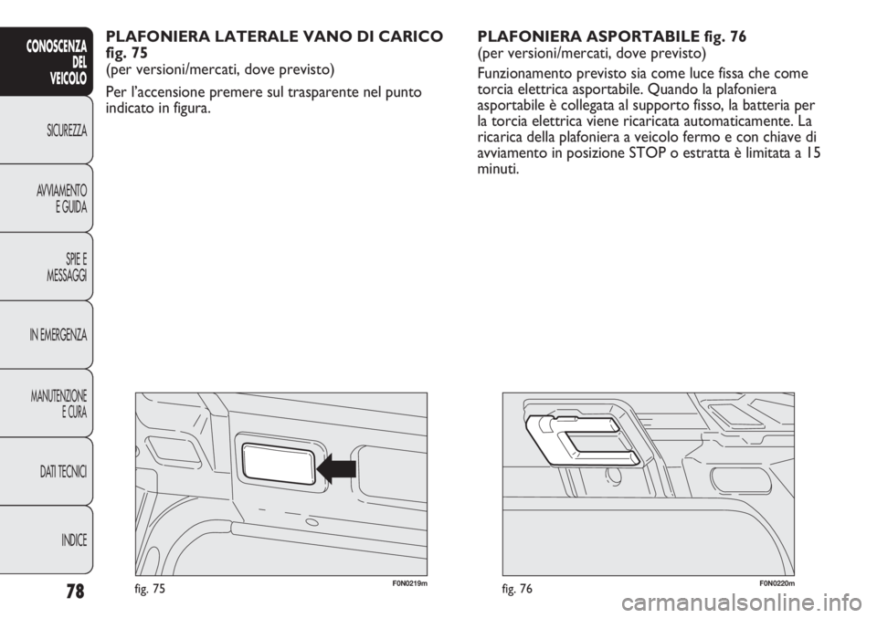 FIAT DUCATO 2013 Libretto Uso Manutenzione (in Italian) 78
CONOSCENZA
DEL
VEICOLO
SICUREZZA
AVVIAMENTO
E GUIDA
SPIE E
MESSAGGI
IN EMERGENZA
MANUTENZIONE
E CURA
DATI TECNICI
INDICE
F0N0220mfig. 76F0N0219mfig. 75
PLAFONIERA ASPORTABILE fig. 76
(per versioni/ FIAT DUCATO 2013 Libretto Uso Manutenzione (in Italian) 78
CONOSCENZA
DEL
VEICOLO
SICUREZZA
AVVIAMENTO
E GUIDA
SPIE E
MESSAGGI
IN EMERGENZA
MANUTENZIONE
E CURA
DATI TECNICI
INDICE
F0N0220mfig. 76F0N0219mfig. 75
PLAFONIERA ASPORTABILE fig. 76
(per versioni/