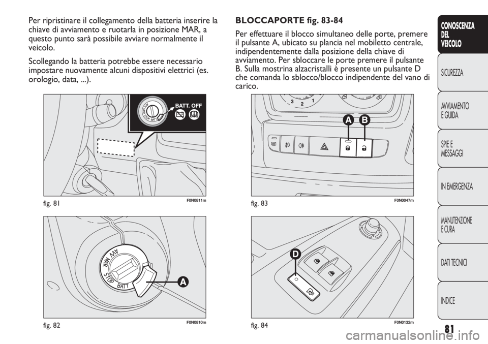 FIAT DUCATO 2013 Libretto Uso Manutenzione (in Italian) 81
CONOSCENZA
DEL
VEICOLO
SICUREZZA
AVVIAMENTO
E GUIDA
SPIE E
MESSAGGI
IN EMERGENZA
MANUTENZIONE
E CURA
DATI TECNICI
INDICE
F0N0811mfig. 81
F0N0810mfig. 82F0N0132mfig. 84
F0N0047mfig. 83
BLOCCAPORTE f FIAT DUCATO 2013 Libretto Uso Manutenzione (in Italian) 81
CONOSCENZA
DEL
VEICOLO
SICUREZZA
AVVIAMENTO
E GUIDA
SPIE E
MESSAGGI
IN EMERGENZA
MANUTENZIONE
E CURA
DATI TECNICI
INDICE
F0N0811mfig. 81
F0N0810mfig. 82F0N0132mfig. 84
F0N0047mfig. 83
BLOCCAPORTE f