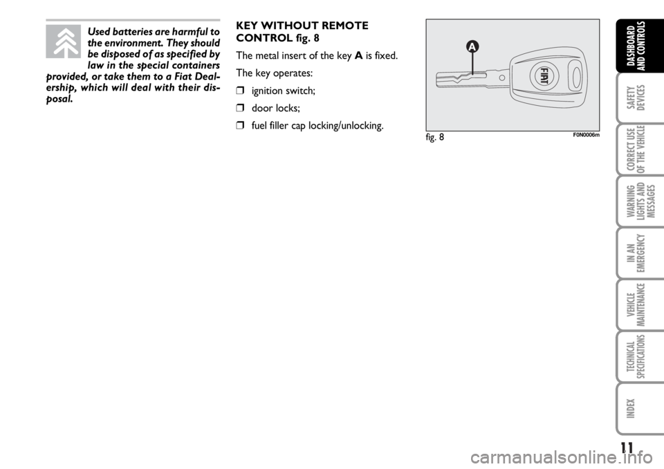 FIAT DUCATO 2006  Owner handbook (in English) 11
SAFETY
DEVICES
CORRECT USE
OF THE 
VEHICLE
WARNING
LIGHTS AND
MESSAGES
IN AN
EMERGENCY
VEHICLE
MAINTENANCE
TECHNICAL
SPECIFICATIONS
INDEX
DASHBOARD
AND CONTROLS
KEY WITHOUT REMOTE
CONTROL fig. 8
Th