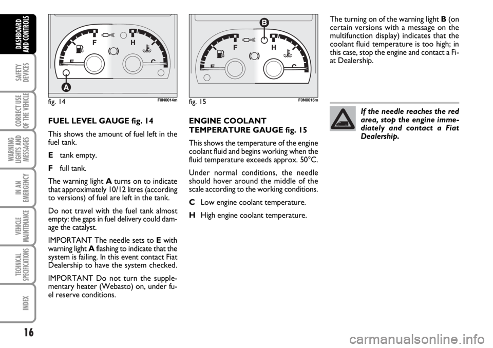 FIAT DUCATO 2006 Owner handbook (in English) 16
SAFETY
DEVICES
CORRECT USE
OF THE
VEHICLE
WARNING
LIGHTS AND
MESSAGES
IN AN
EMERGENCY
VEHICLE
MAINTENANCE
TECHNICAL
SPECIFICATIONS
INDEX
DASHBOARD
AND CONTROLS
FUEL LEVEL GAUGE fig. 14
This shows FIAT DUCATO 2006 Owner handbook (in English) 16
SAFETY
DEVICES
CORRECT USE
OF THE
VEHICLE
WARNING
LIGHTS AND
MESSAGES
IN AN
EMERGENCY
VEHICLE
MAINTENANCE
TECHNICAL
SPECIFICATIONS
INDEX
DASHBOARD
AND CONTROLS
FUEL LEVEL GAUGE fig. 14
This shows