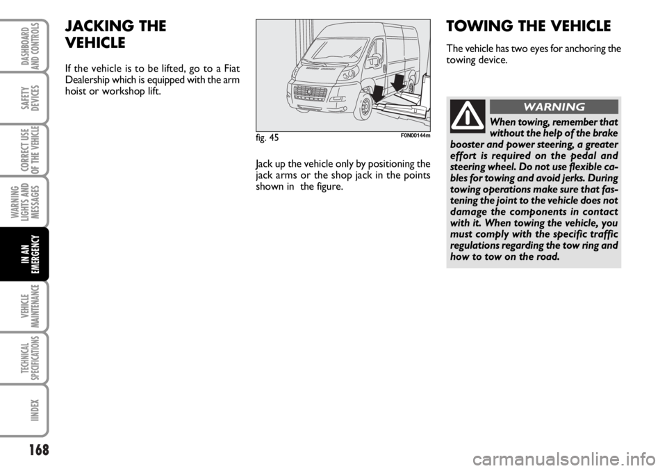 FIAT DUCATO 2006 Owner handbook (in English) 168
WARNING
LIGHTS AND
MESSAGES
VEHICLE
MAINTENANCE
TECHNICAL
SPECIFICATIONS
IINDEX
DASHBOARD
AND CONTROLS
SAFETY
DEVICES
CORRECT USE
OF THE
VEHICLE
IN AN
EMERGENCY
fig. 45F0N00144m
JACKING THE
VEHI FIAT DUCATO 2006 Owner handbook (in English) 168
WARNING
LIGHTS AND
MESSAGES
VEHICLE
MAINTENANCE
TECHNICAL
SPECIFICATIONS
IINDEX
DASHBOARD
AND CONTROLS
SAFETY
DEVICES
CORRECT USE
OF THE
VEHICLE
IN AN
EMERGENCY
fig. 45F0N00144m
JACKING THE
VEHI