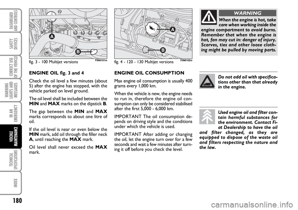FIAT DUCATO 2006 Owner handbook (in English) 180
WARNING
LIGHTS AND
MESSAGES
TECHNICAL
SPECIFICATIONS
INDEX
DASHBOARD
AND CONTROLS
SAFETY
DEVICES
CORRECT USE
OF THE VEHICLE
IN AN
EMERGENCY
VEICHLE
MAINTENANCE
ENGINE OIL CONSUMPTION
Max engine oi FIAT DUCATO 2006 Owner handbook (in English) 180
WARNING
LIGHTS AND
MESSAGES
TECHNICAL
SPECIFICATIONS
INDEX
DASHBOARD
AND CONTROLS
SAFETY
DEVICES
CORRECT USE
OF THE VEHICLE
IN AN
EMERGENCY
VEICHLE
MAINTENANCE
ENGINE OIL CONSUMPTION
Max engine oi