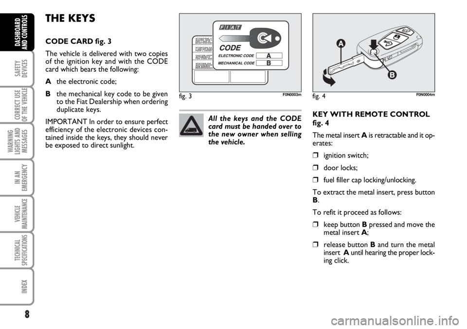 FIAT DUCATO 2006  Owner handbook (in English) 8
SAFETY
DEVICES
CORRECT USE
OF THE 
VEHICLE
WARNING
LIGHTS AND
MESSAGES
IN AN
EMERGENCY
VEHICLE
MAINTENANCE
TECHNICAL
SPECIFICATIONS
INDEX
DASHBOARD
AND CONTROLS
KEY WITH REMOTE CONTROL
fig. 4
The me