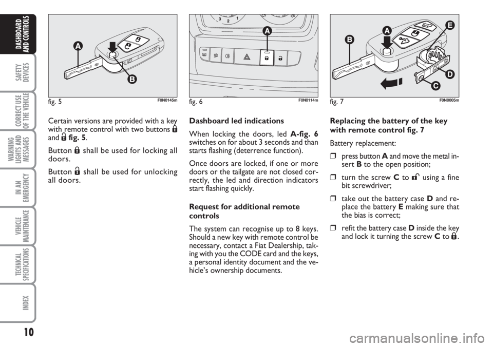 FIAT DUCATO 2007  Owner handbook (in English) 10
SAFETY
DEVICES
CORRECT USE
OF THE 
VEHICLE
WARNING
LIGHTS AND
MESSAGES
IN AN
EMERGENCY
VEHICLE
MAINTENANCE
TECHNICAL
SPECIFICATIONS
INDEX
DASHBOARD
AND CONTROLS
fig. 5F0N0145m
Certain versions are 