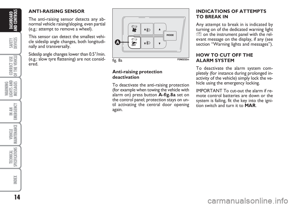 FIAT DUCATO 2007  Owner handbook (in English) 14
SAFETY
DEVICES
CORRECT USE
OF THE 
VEHICLE
WARNING
LIGHTS AND
MESSAGES
IN AN
EMERGENCY
VEHICLE
MAINTENANCE
TECHNICAL
SPECIFICATIONS
INDEX
DASHBOARD
AND CONTROLS
ANTI-RAISING SENSOR
The anti-raising