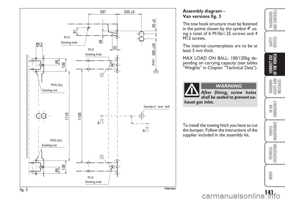 FIAT DUCATO 2007  Owner handbook (in English) 141
WARNING
LIGHTS AND
MESSAGES
IN AN
EMERGENCY
VEHICLE
MAINTENANCE
TECHNICAL
SPECIFICATIONS
INDEX
DASHBOARD
AND CONTROLS
SAFETY
DEVICES
CORRECT USE 
OF THE VEHICLE
Assembly diagram - 
Van versions fi