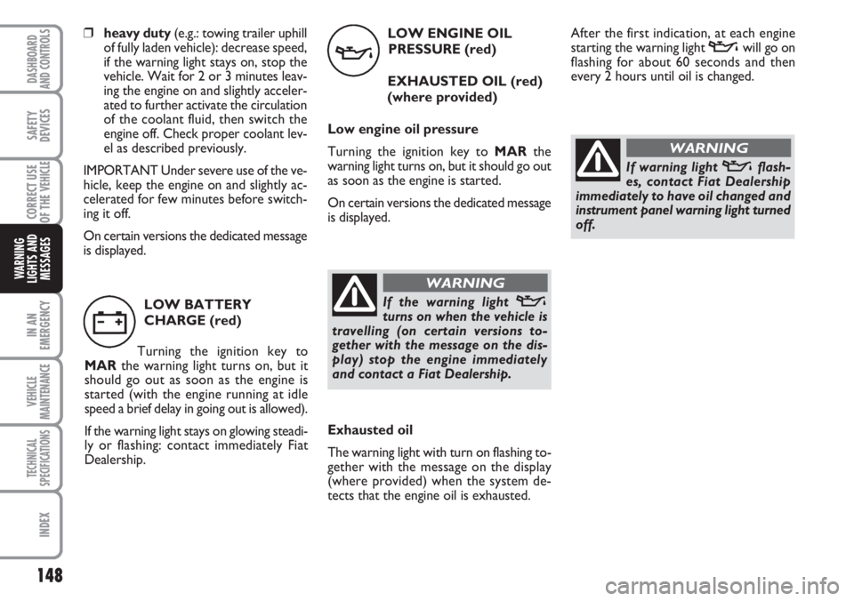 FIAT DUCATO 2007  Owner handbook (in English) 148
IN AN
EMERGENCY
VEHICLE
MAINTENANCE
TECHNICAL
SPECIFICATIONS
INDEX
DASHBOARD
AND CONTROLS
SAFETY
DEVICES
CORRECT USE
OF THE 
VEHICLE
WARNING
LIGHTS AND
MESSAGES
LOW ENGINE OIL
PRESSURE (red)
EXHAU