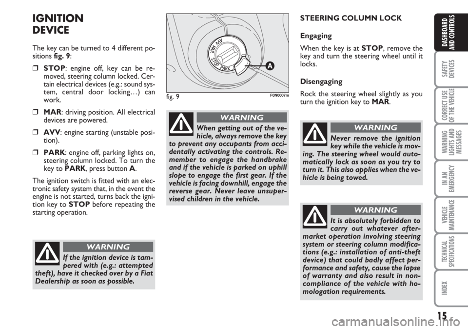 FIAT DUCATO 2007  Owner handbook (in English) 15
SAFETY
DEVICES
CORRECT USE
OF THE 
VEHICLE
WARNING
LIGHTS AND
MESSAGES
IN AN
EMERGENCY
VEHICLE
MAINTENANCE
TECHNICAL
SPECIFICATIONS
INDEX
DASHBOARD
AND CONTROLS
IGNITION
DEVICE
The key can be turne