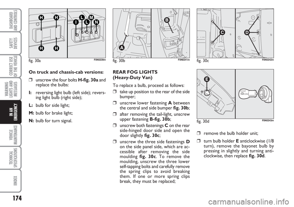 FIAT DUCATO 2007  Owner handbook (in English) 174
WARNING
LIGHTS AND
MESSAGES
VEHICLE
MAINTENANCE
TECHNICAL
SPECIFICATIONS
IINDEX
DASHBOARD
AND CONTROLS
SAFETY
DEVICES
CORRECT USE
OF THE 
VEHICLE
IN AN
EMERGENCY
fig. 30aF0N0239mfig. 30bF0N0241mfi