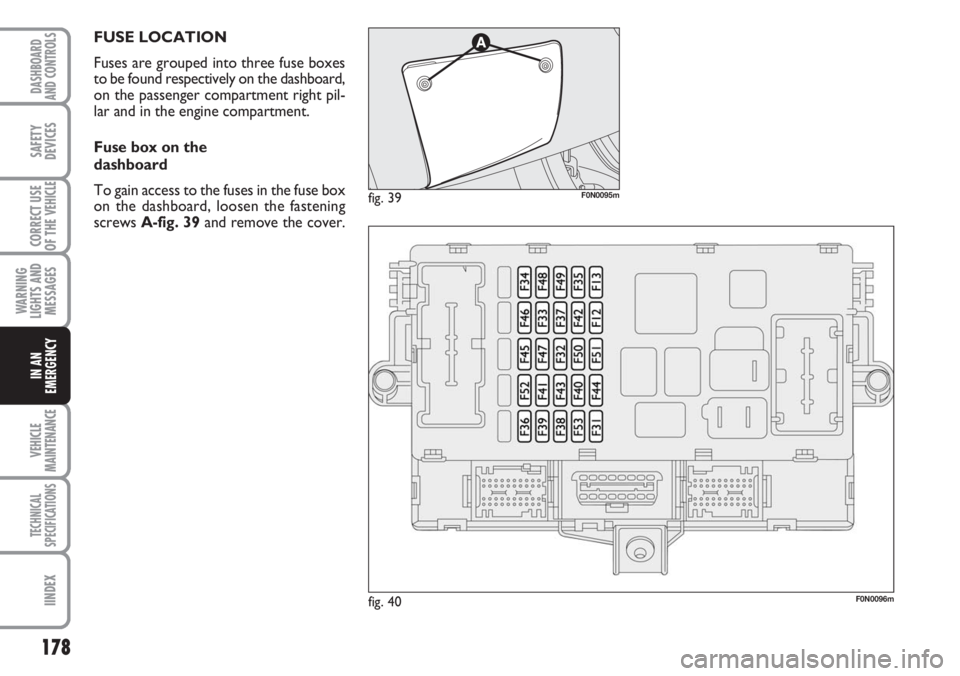 FIAT DUCATO 2007 Owner handbook (in English) 178
WARNING
LIGHTS AND
MESSAGES
VEHICLE
MAINTENANCE
TECHNICAL
SPECIFICATIONS
IINDEX
DASHBOARD
AND CONTROLS
SAFETY
DEVICES
CORRECT USE
OF THE
VEHICLE
IN AN
EMERGENCY
FUSE LOCATION
Fuses are grouped in FIAT DUCATO 2007 Owner handbook (in English) 178
WARNING
LIGHTS AND
MESSAGES
VEHICLE
MAINTENANCE
TECHNICAL
SPECIFICATIONS
IINDEX
DASHBOARD
AND CONTROLS
SAFETY
DEVICES
CORRECT USE
OF THE
VEHICLE
IN AN
EMERGENCY
FUSE LOCATION
Fuses are grouped in