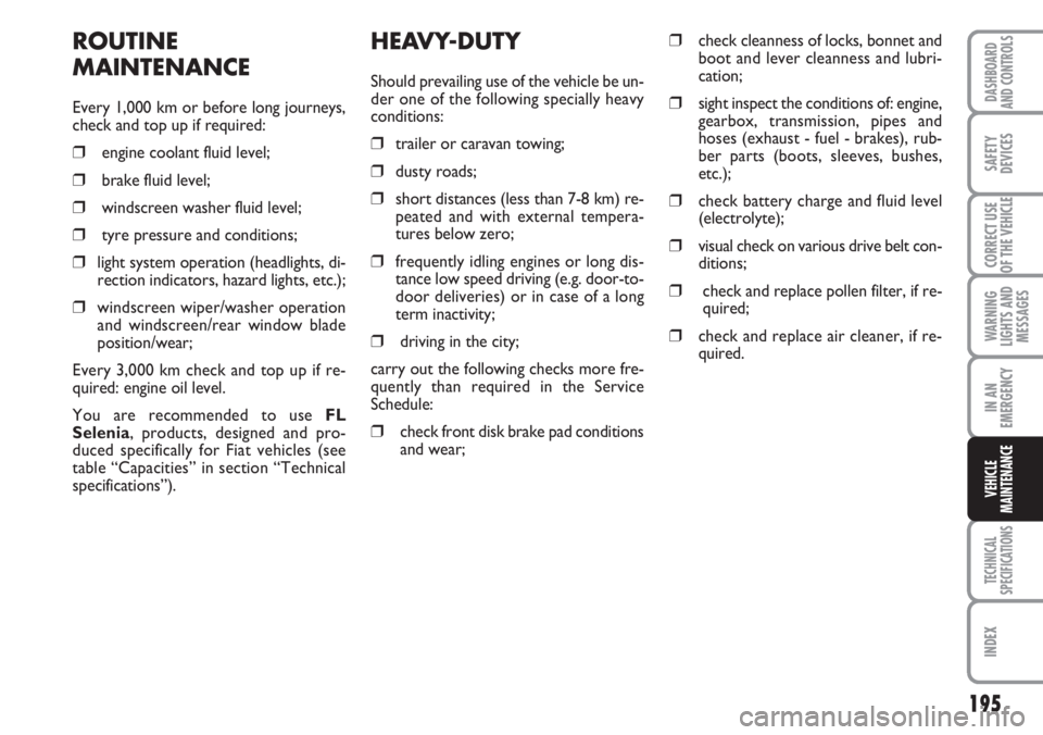 FIAT DUCATO 2007  Owner handbook (in English) 195
WARNING
LIGHTS AND
MESSAGES
TECHNICAL
SPECIFICATIONS
INDEX
DASHBOARD
AND CONTROLS
SAFETY
DEVICES
CORRECT USE
OF THE VEHICLE
IN AN
EMERGENCY
VEHICLE
MAINTENANCE
HEAVY-DUTY
Should prevailing use of 