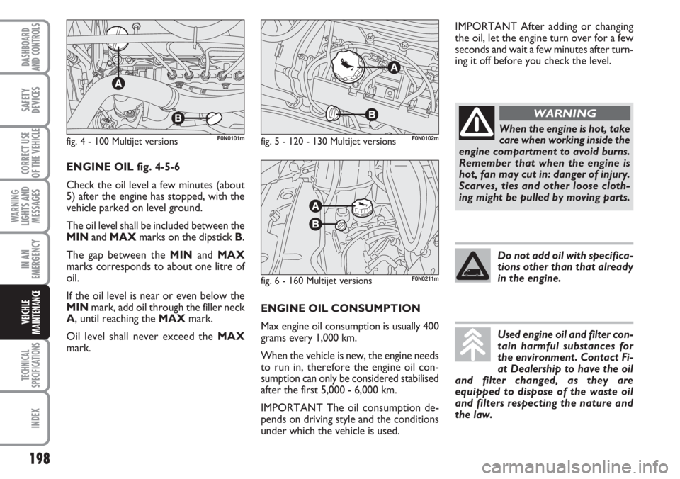 FIAT DUCATO 2007 Owner handbook (in English) 198
WARNING
LIGHTS AND
MESSAGES
TECHNICAL
SPECIFICATIONS
INDEX
DASHBOARD
AND CONTROLS
SAFETY
DEVICES
CORRECT USE
OF THE VEHICLE
IN AN
EMERGENCY
VEICHLE
MAINTENANCE
ENGINE OIL CONSUMPTION
Max engine oi FIAT DUCATO 2007 Owner handbook (in English) 198
WARNING
LIGHTS AND
MESSAGES
TECHNICAL
SPECIFICATIONS
INDEX
DASHBOARD
AND CONTROLS
SAFETY
DEVICES
CORRECT USE
OF THE VEHICLE
IN AN
EMERGENCY
VEICHLE
MAINTENANCE
ENGINE OIL CONSUMPTION
Max engine oi