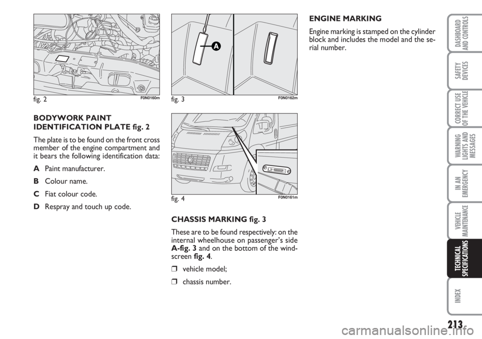 FIAT DUCATO 2007 Owner handbook (in English) 213
WARNING
LIGHTS AND
MESSAGES
INDEX
DASHBOARD
AND CONTROLS
SAFETY
DEVICES
CORRECT USE
OF THE
VEHICLE
IN AN
EMERGENCY
VEHICLE
MAINTENANCE
TECHNICAL
SPECIFICATIONS
CHASSIS MARKING fig. 3
These are to FIAT DUCATO 2007 Owner handbook (in English) 213
WARNING
LIGHTS AND
MESSAGES
INDEX
DASHBOARD
AND CONTROLS
SAFETY
DEVICES
CORRECT USE
OF THE
VEHICLE
IN AN
EMERGENCY
VEHICLE
MAINTENANCE
TECHNICAL
SPECIFICATIONS
CHASSIS MARKING fig. 3
These are to