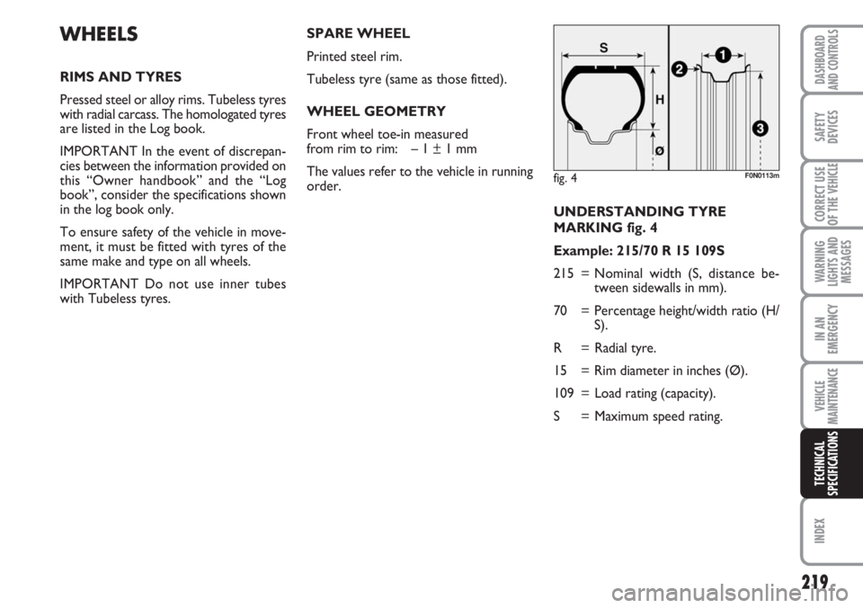 FIAT DUCATO 2007  Owner handbook (in English) 219
WARNING
LIGHTS AND
MESSAGES
INDEX
DASHBOARD
AND CONTROLS
SAFETY
DEVICES
CORRECT USE
OF THE 
VEHICLE
IN AN
EMERGENCY
VEHICLE
MAINTENANCE
TECHNICAL
SPECIFICATIONS
UNDERSTANDING TYRE 
MARKING fig. 4
