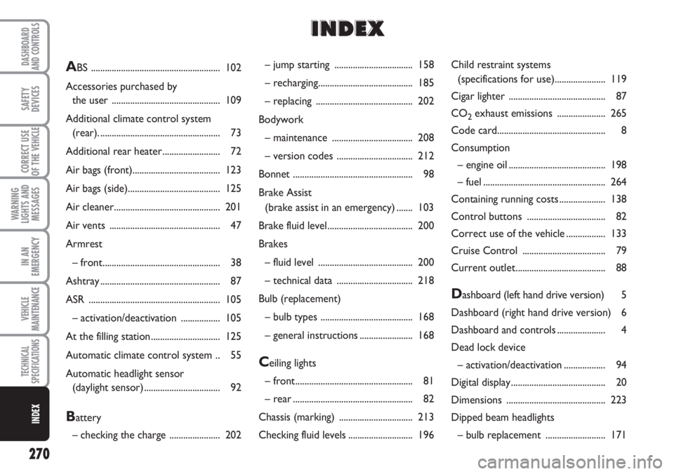 FIAT DUCATO 2007  Owner handbook (in English) 270
WARNING
LIGHTS AND
MESSAGES
DASHBOARD
AND CONTROLS
SAFETY
DEVICES
CORRECT USE
OF THE 
VEHICLE
IN AN
EMERGENCY
VEHICLE
MAINTENANCE
TECHNICAL
SPECIFICATIONS
INDEX
– jump starting  ................