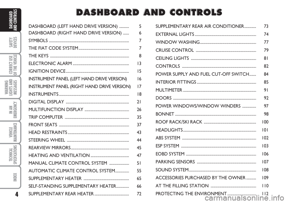 FIAT DUCATO 2007  Owner handbook (in English) 4
SAFETY
DEVICES
CORRECT USE
OF THE 
VEHICLE
WARNING
LIGHTS AND
MESSAGES
IN AN
EMERGENCY
VEHICLE
MAINTENANCE
TECHNICAL
SPECIFICATIONS
INDEX
DASHBOARD
AND CONTROLSDASHBOARD (LEFT HAND DRIVE VERSION) ..