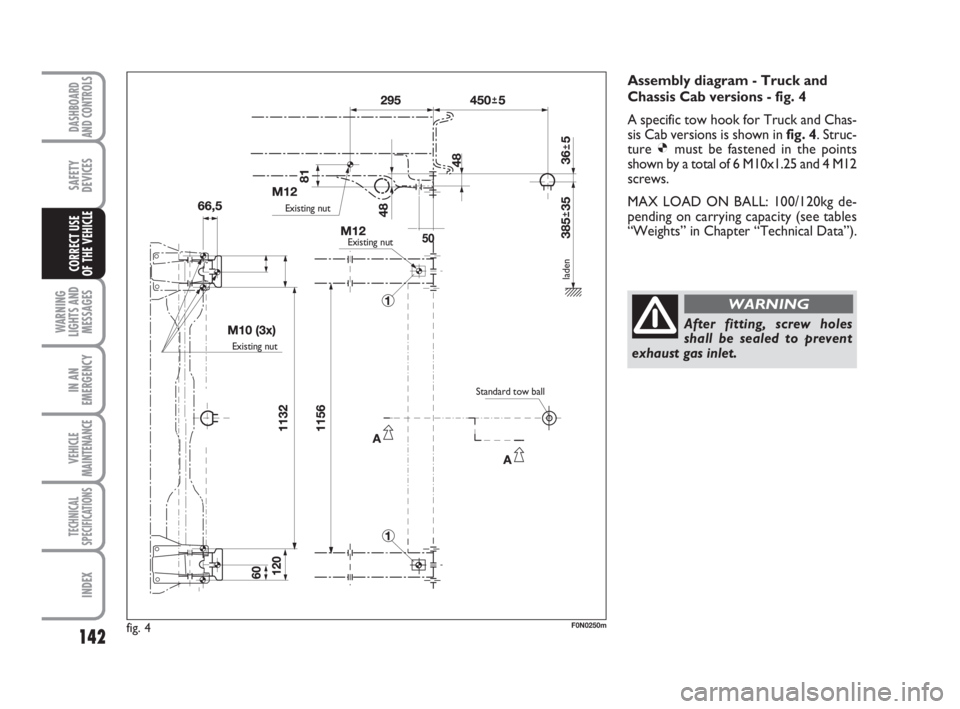 FIAT DUCATO 2008 Owner handbook (in English) 142
WARNING
LIGHTS AND
MESSAGES
IN AN
EMERGENCY
VEHICLE
MAINTENANCE
TECHNICAL
SPECIFICATIONS
INDEX
DASHBOARD
AND CONTROLS
SAFETY
DEVICES
CORRECT USE
OF THE VEHICLE
fig. 4F0N0250m
Assembly diagram - T FIAT DUCATO 2008 Owner handbook (in English) 142
WARNING
LIGHTS AND
MESSAGES
IN AN
EMERGENCY
VEHICLE
MAINTENANCE
TECHNICAL
SPECIFICATIONS
INDEX
DASHBOARD
AND CONTROLS
SAFETY
DEVICES
CORRECT USE
OF THE VEHICLE
fig. 4F0N0250m
Assembly diagram - T