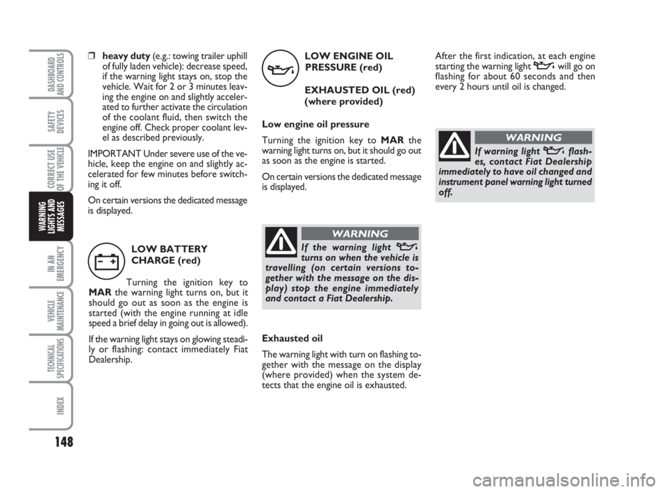 FIAT DUCATO 2008  Owner handbook (in English) 148
IN AN
EMERGENCY
VEHICLE
MAINTENANCE
TECHNICAL
SPECIFICATIONS
INDEX
DASHBOARD
AND CONTROLS
SAFETY
DEVICES
CORRECT USE
OF THE 
VEHICLE
WARNING
LIGHTS AND
MESSAGES
LOW ENGINE OIL
PRESSURE (red)
EXHAU