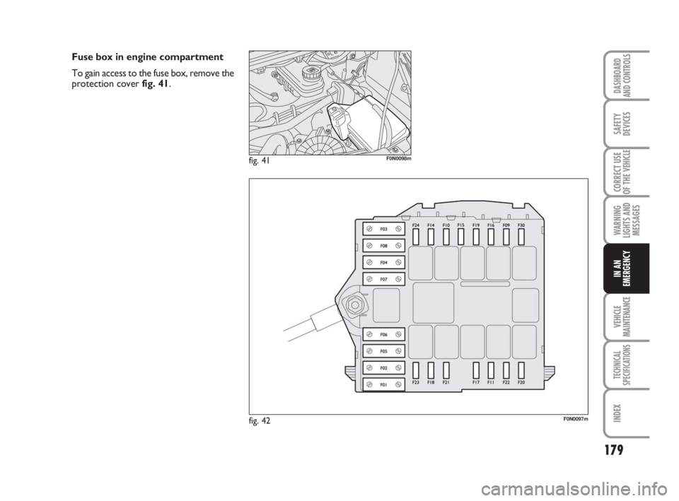 FIAT DUCATO 2008 Owner handbook (in English) 179
WARNING
LIGHTS AND
MESSAGES
VEHICLE
MAINTENANCE
TECHNICAL
SPECIFICATIONS
INDEX
DASHBOARD
AND CONTROLS
SAFETY
DEVICES
CORRECT USE
OF THE
VEHICLE
IN AN
EMERGENCY
fig. 42F0N0097m
fig. 41F0N0098m
Fus FIAT DUCATO 2008 Owner handbook (in English) 179
WARNING
LIGHTS AND
MESSAGES
VEHICLE
MAINTENANCE
TECHNICAL
SPECIFICATIONS
INDEX
DASHBOARD
AND CONTROLS
SAFETY
DEVICES
CORRECT USE
OF THE
VEHICLE
IN AN
EMERGENCY
fig. 42F0N0097m
fig. 41F0N0098m
Fus