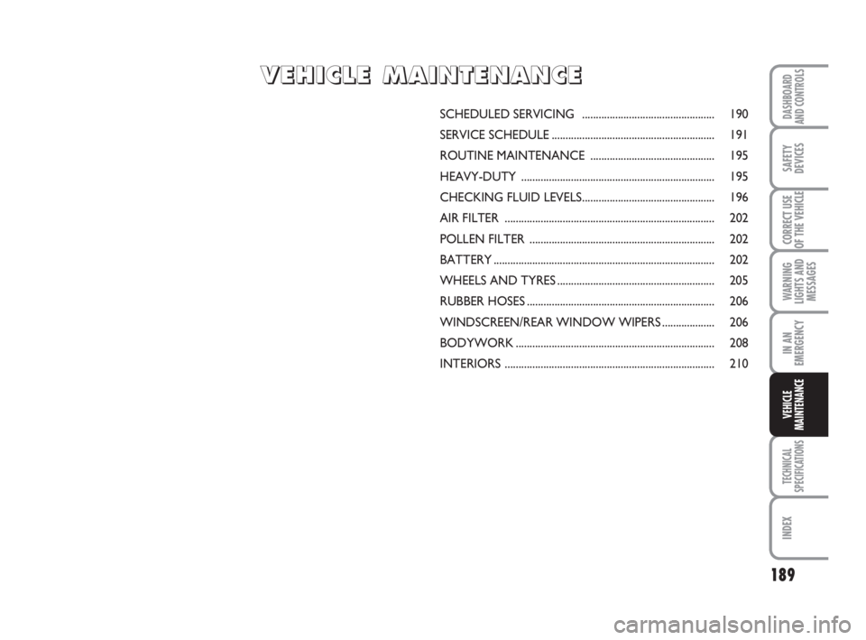 FIAT DUCATO 2008 Owner handbook (in English) 189
WARNING
LIGHTS AND
MESSAGES
TECHNICAL
SPECIFICATIONS
INDEX
DASHBOARD
AND CONTROLS
SAFETY
DEVICES
CORRECT USE
OF THE VEHICLE
IN AN
EMERGENCY
VEHICLE
MAINTENANCE
SCHEDULED SERVICING ............... FIAT DUCATO 2008 Owner handbook (in English) 189
WARNING
LIGHTS AND
MESSAGES
TECHNICAL
SPECIFICATIONS
INDEX
DASHBOARD
AND CONTROLS
SAFETY
DEVICES
CORRECT USE
OF THE VEHICLE
IN AN
EMERGENCY
VEHICLE
MAINTENANCE
SCHEDULED SERVICING ...............