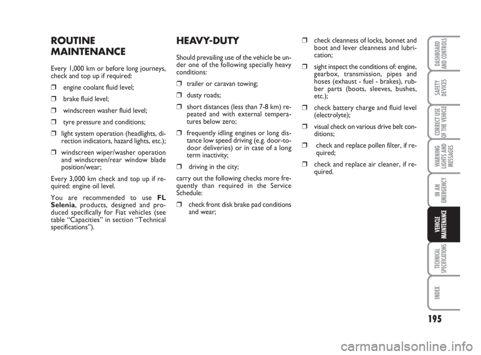 FIAT DUCATO 2008  Owner handbook (in English) 195
WARNING
LIGHTS AND
MESSAGES
TECHNICAL
SPECIFICATIONS
INDEX
DASHBOARD
AND CONTROLS
SAFETY
DEVICES
CORRECT USE
OF THE VEHICLE
IN AN
EMERGENCY
VEHICLE
MAINTENANCE
HEAVY-DUTY
Should prevailing use of 