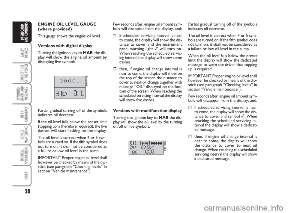 FIAT DUCATO 2008  Owner handbook (in English) 20
SAFETY
DEVICES
CORRECT USE
OF THE 
VEHICLE
WARNING
LIGHTS AND
MESSAGES
IN AN
EMERGENCY
VEHICLE
MAINTENANCE
TECHNICAL
SPECIFICATIONS
INDEX
DASHBOARD
AND CONTROLS
ENGINE OIL LEVEL GAUGE
(where provid