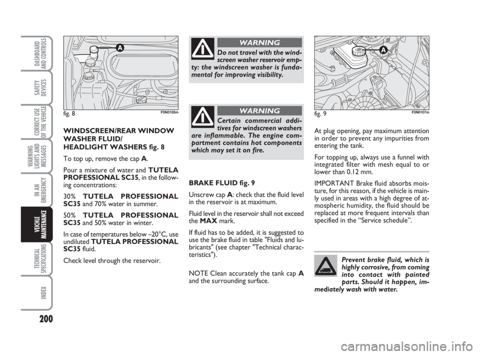 FIAT DUCATO 2008 Owner handbook (in English) Prevent brake fluid, which is
highly corrosive, from coming
into contact with painted
parts. Should it happen, im-
mediately wash with water.
200
WARNING
LIGHTS AND
MESSAGES
TECHNICAL
SPECIFICATIONS
I FIAT DUCATO 2008 Owner handbook (in English) Prevent brake fluid, which is
highly corrosive, from coming
into contact with painted
parts. Should it happen, im-
mediately wash with water.
200
WARNING
LIGHTS AND
MESSAGES
TECHNICAL
SPECIFICATIONS
I
