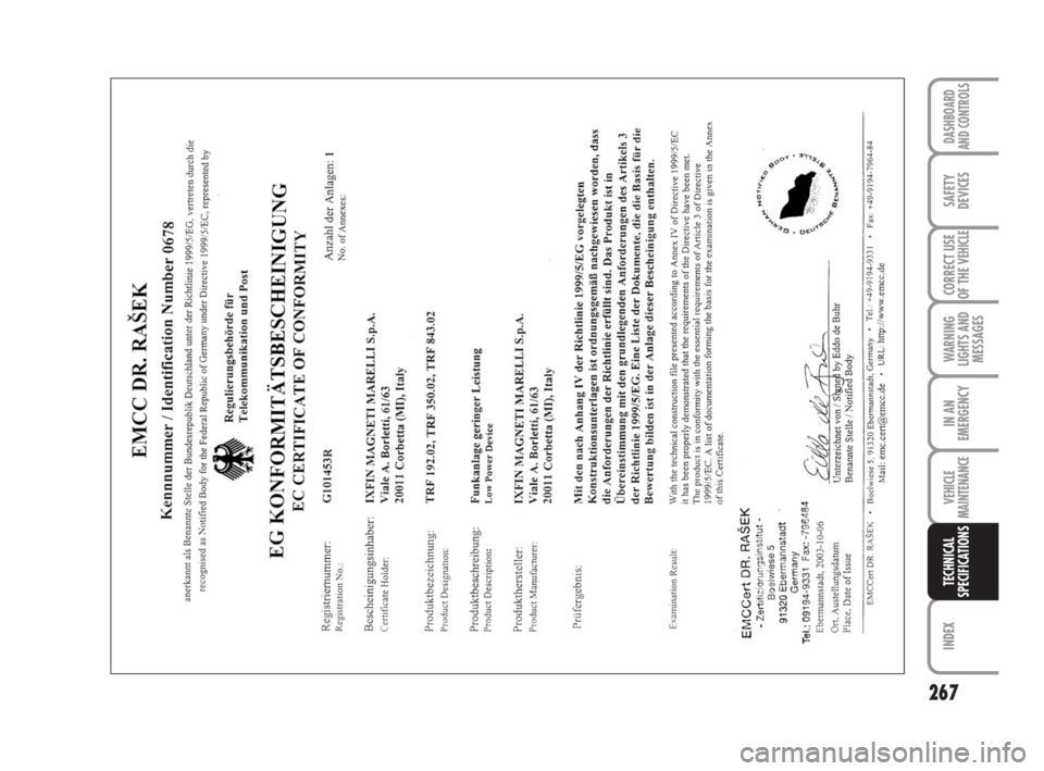 FIAT DUCATO 2008 Owner handbook (in English) 267
WARNING
LIGHTS AND
MESSAGES
INDEX
DASHBOARD
AND CONTROLS
SAFETY
DEVICES
CORRECT USE
OF THE
VEHICLE
IN AN
EMERGENCY
VEHICLE
MAINTENANCE
TECHNICAL
SPECIFICATIONS
211-269 Ducato GB 6-11-2007 10:35 FIAT DUCATO 2008 Owner handbook (in English) 267
WARNING
LIGHTS AND
MESSAGES
INDEX
DASHBOARD
AND CONTROLS
SAFETY
DEVICES
CORRECT USE
OF THE
VEHICLE
IN AN
EMERGENCY
VEHICLE
MAINTENANCE
TECHNICAL
SPECIFICATIONS
211-269 Ducato GB 6-11-2007 10:35
