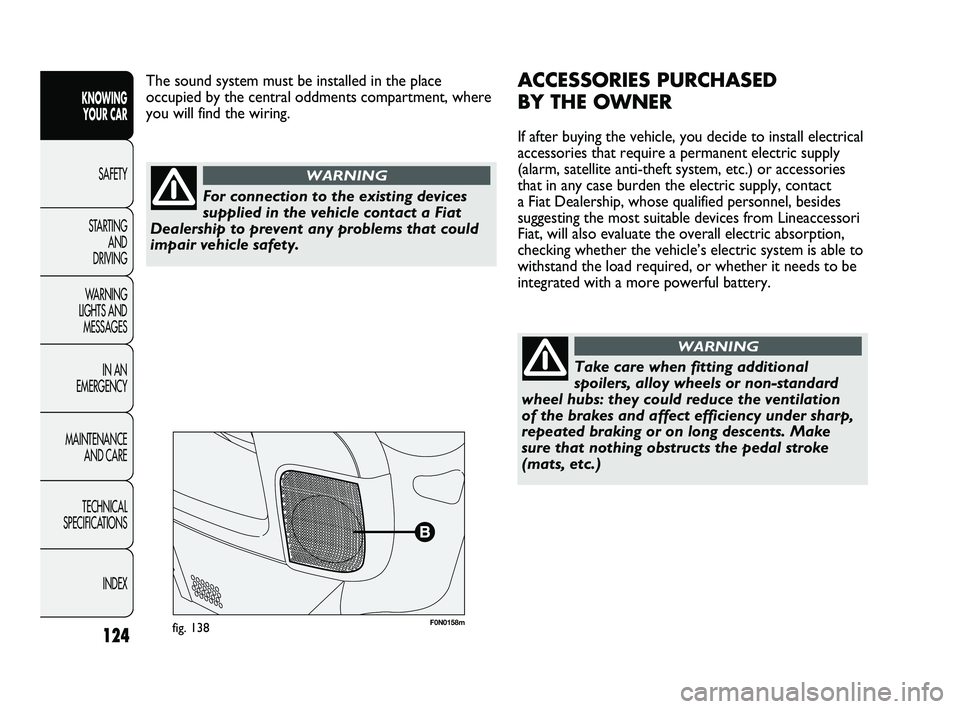 FIAT DUCATO 2009  Owner handbook (in English) 124
KNOWING 
YOUR CAR
SAFETY
STARTING 
AND 
DRIVING
WARNING 
LIGHTS AND 
MESSAGES
IN AN 
EMERGENCY
MAINTENANCE 
AND CARE
TECHNICAL 
SPECIFICATIONS
INDEX
F0N0158mfig. 138
ACCESSORIES PURCHASED 
BY THE 