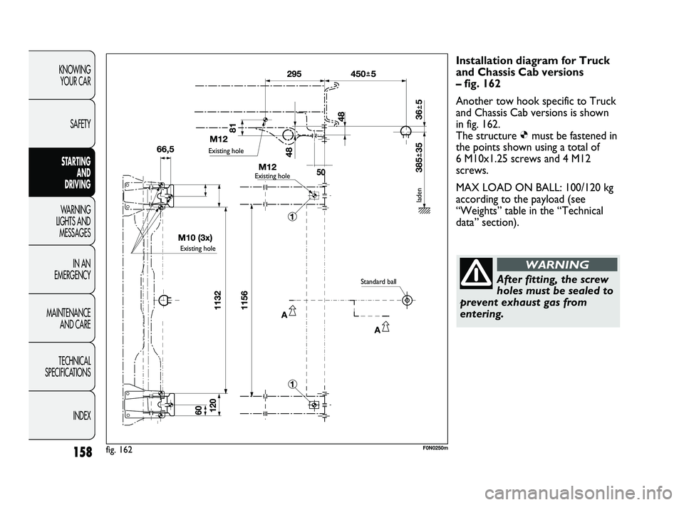 FIAT DUCATO 2010 Owner handbook (in English) 158
KNOWING
YOUR CAR
SAFETY
STARTING
AND
DRIVING
WARNING
LIGHTS AND
MESSAGES
IN AN
EMERGENCY
MAINTENANCE
AND CARE
TECHNICAL
SPECIFICATIONS
INDEX
Installation diagram for Truck
and Chassis Cab FIAT DUCATO 2010 Owner handbook (in English) 158
KNOWING
YOUR CAR
SAFETY
STARTING
AND
DRIVING
WARNING
LIGHTS AND
MESSAGES
IN AN
EMERGENCY
MAINTENANCE
AND CARE
TECHNICAL
SPECIFICATIONS
INDEX
Installation diagram for Truck
and Chassis Cab