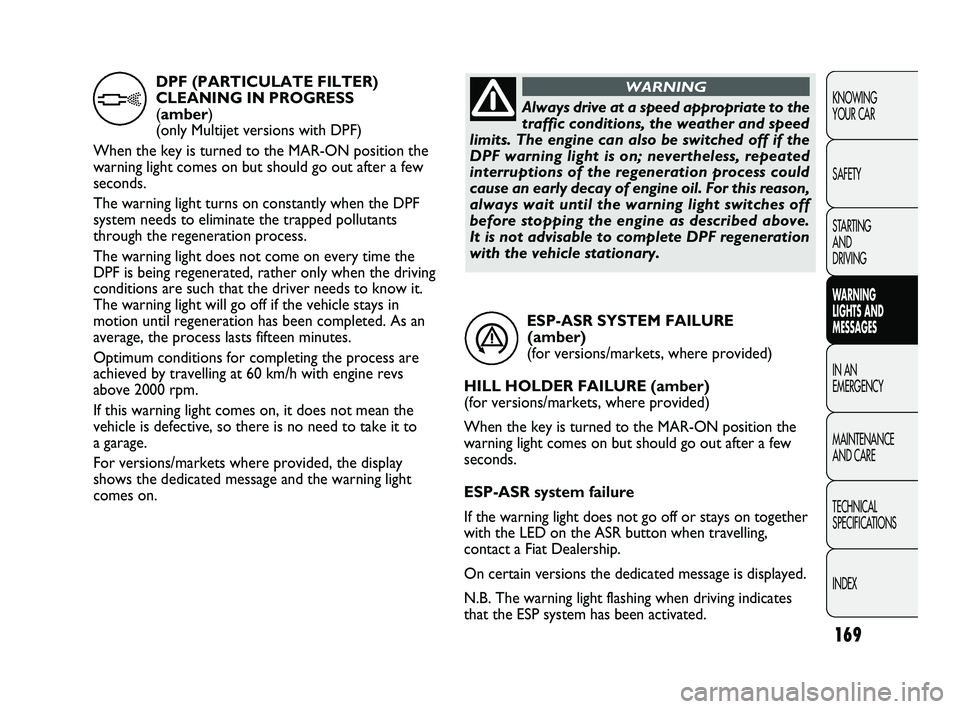 FIAT DUCATO 2009 Owner handbook (in English) 169
KNOWING
YOUR CAR
SAFETY
STARTING
AND
DRIVING
WARNING
LIGHTS AND
MESSAGES
IN AN
EMERGENCY
MAINTENANCE
AND CARE
TECHNICAL
SPECIFICATIONS
INDEX
ESP-ASR SYSTEM FAILURE
(amber)
(for versions/ FIAT DUCATO 2009 Owner handbook (in English) 169
KNOWING
YOUR CAR
SAFETY
STARTING
AND
DRIVING
WARNING
LIGHTS AND
MESSAGES
IN AN
EMERGENCY
MAINTENANCE
AND CARE
TECHNICAL
SPECIFICATIONS
INDEX
ESP-ASR SYSTEM FAILURE
(amber)
(for versions/