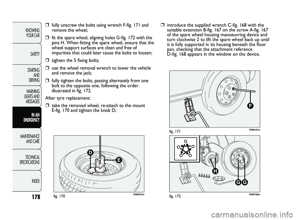 FIAT DUCATO 2010  Owner handbook (in English) 178
KNOWING 
YOUR CAR
SAFETY
STARTING 
AND 
DRIVING
WARNING 
LIGHTS AND 
MESSAGES
IN AN 
EMERGENCY
MAINTENANCE 
AND CARE
TECHNICAL 
SPECIFICATIONS
INDEX
F0N0370mfig. 170F0N0168mfig. 172
F0N0167mfig. 1