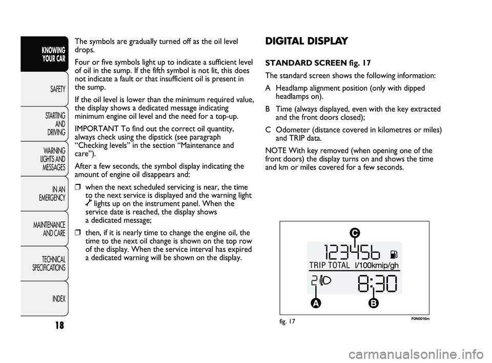 FIAT DUCATO 2010  Owner handbook (in English) F0N0016mfig. 17
DIGITAL DISPLAY 
STANDARD SCREEN fig. 17
The standard screen shows the following information:
A Headlamp alignment position (only with dipped
headlamps on).
B Time (always displayed, e