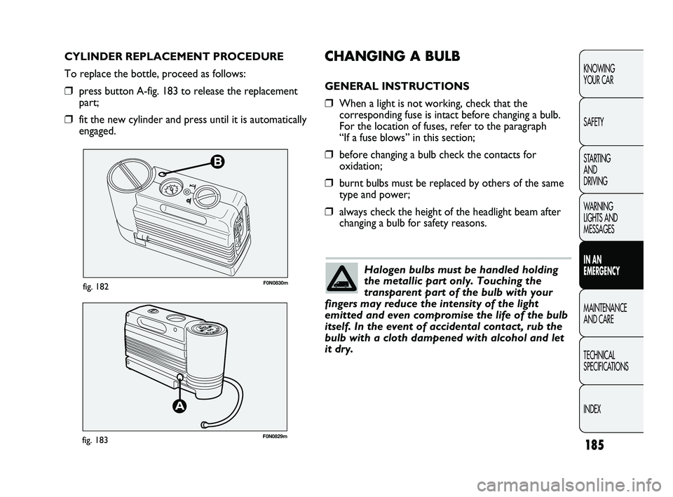 FIAT DUCATO 2010  Owner handbook (in English) 185
KNOWING 
YOUR CAR
SAFETY
STARTING 
AND 
DRIVING
WARNING 
LIGHTS AND 
MESSAGES
IN AN 
EMERGENCY
MAINTENANCE 
AND CARE
TECHNICAL 
SPECIFICATIONS
INDEX
B
F0N0830mfig. 182
F0N0829mfig. 183
CHANGING A 