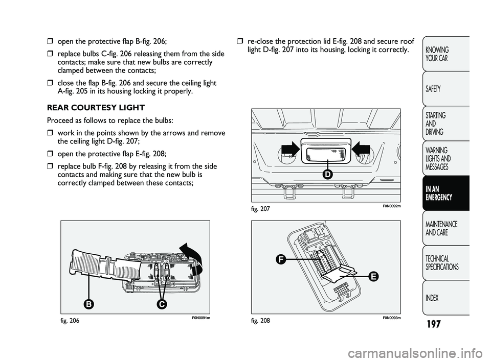 FIAT DUCATO 2009  Owner handbook (in English) 197
KNOWING 
YOUR CAR
SAFETY
STARTING 
AND 
DRIVING
WARNING 
LIGHTS AND 
MESSAGES
IN AN 
EMERGENCY
MAINTENANCE 
AND CARE
TECHNICAL 
SPECIFICATIONS
INDEX
F0N0091mfig. 206
❒open the protective flap B-