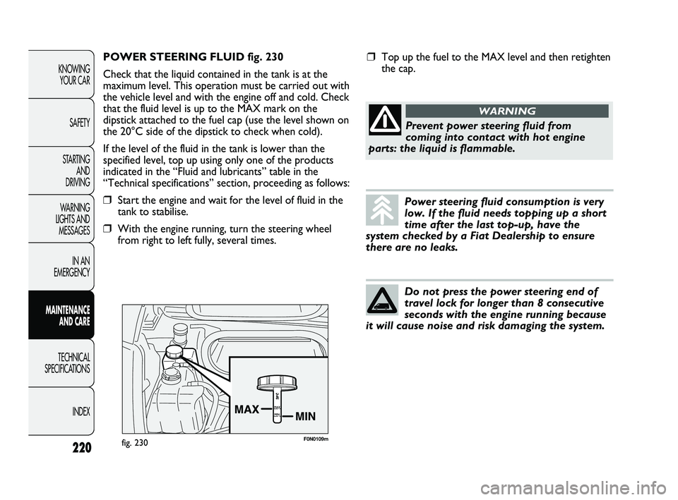 FIAT DUCATO 2010 Owner handbook (in English) F0N0109mfig. 230
POWER STEERING FLUID fig. 230
Check that the liquid contained in the tank is at the
maximum level. This operation must be carried out with
the vehicle level and with the engine off an FIAT DUCATO 2010 Owner handbook (in English) F0N0109mfig. 230
POWER STEERING FLUID fig. 230
Check that the liquid contained in the tank is at the
maximum level. This operation must be carried out with
the vehicle level and with the engine off an