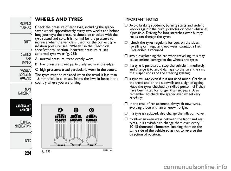 FIAT DUCATO 2010 Owner handbook (in English) 224
KNOWING
YOUR CAR
SAFETY
STARTING
AND
DRIVING
WARNING
LIGHTS AND
MESSAGES
IN AN
EMERGENCY
MAINTENANCE
AND CARE
TECHNICAL
SPECIFICATIONS
INDEX
F0N0111mfig. 233
IMPORTANT NOTES
❒Avoid braki FIAT DUCATO 2010 Owner handbook (in English) 224
KNOWING
YOUR CAR
SAFETY
STARTING
AND
DRIVING
WARNING
LIGHTS AND
MESSAGES
IN AN
EMERGENCY
MAINTENANCE
AND CARE
TECHNICAL
SPECIFICATIONS
INDEX
F0N0111mfig. 233
IMPORTANT NOTES
❒Avoid braki