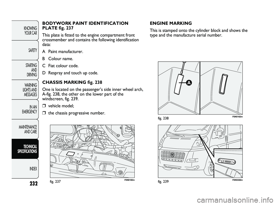 FIAT DUCATO 2010 Owner handbook (in English) 232
KNOWING
YOUR CAR
SAFETY
STARTING
AND
DRIVING
WARNING
LIGHTS AND
MESSAGES
IN AN
EMERGENCY
MAINTENANCE
AND CARE
TECHNICAL
SPECIFICATIONS
INDEX
F0N0160mfig. 237F0N0338mfig. 239
F0N0162mfig. 2 FIAT DUCATO 2010 Owner handbook (in English) 232
KNOWING
YOUR CAR
SAFETY
STARTING
AND
DRIVING
WARNING
LIGHTS AND
MESSAGES
IN AN
EMERGENCY
MAINTENANCE
AND CARE
TECHNICAL
SPECIFICATIONS
INDEX
F0N0160mfig. 237F0N0338mfig. 239
F0N0162mfig. 2