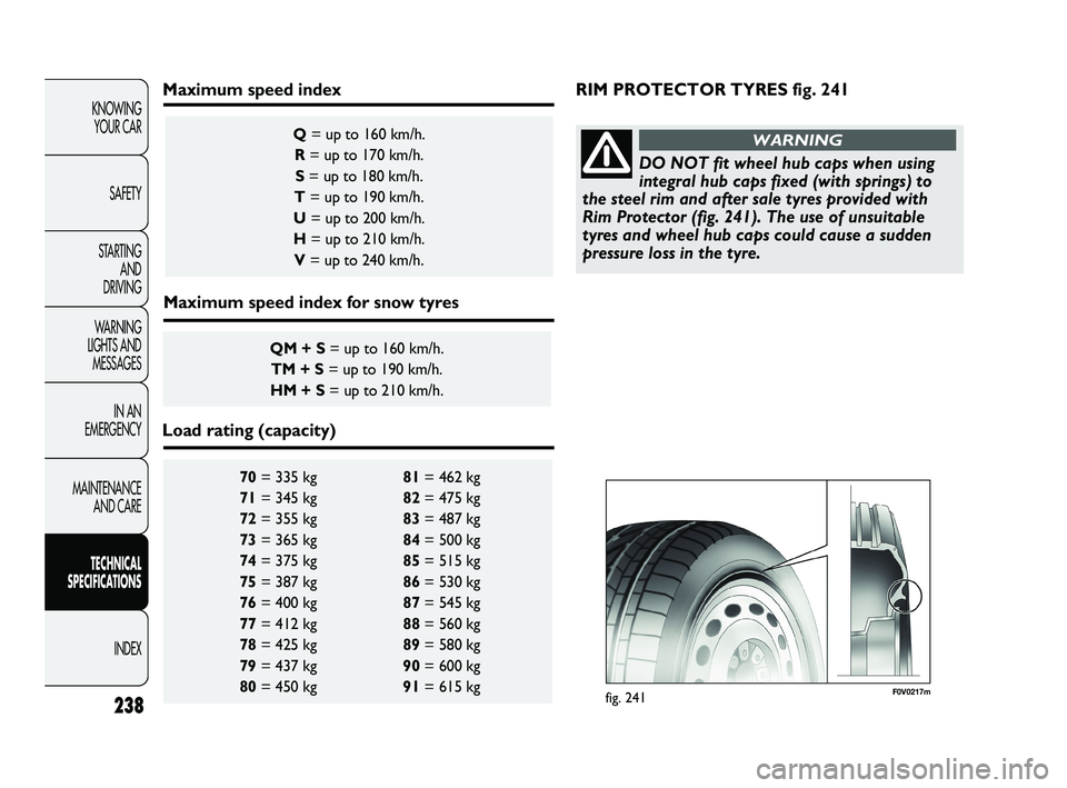 FIAT DUCATO 2010 Owner handbook (in English) 238
KNOWING
YOUR CAR
SAFETY
STARTING
AND
DRIVING
WARNING
LIGHTS AND
MESSAGES
IN AN
EMERGENCY
MAINTENANCE
AND CARE
TECHNICAL
SPECIFICATIONS
INDEX
70= 335 kg 81= 462 kg
71= 345 kg 82= 475 kg
7 FIAT DUCATO 2010 Owner handbook (in English) 238
KNOWING
YOUR CAR
SAFETY
STARTING
AND
DRIVING
WARNING
LIGHTS AND
MESSAGES
IN AN
EMERGENCY
MAINTENANCE
AND CARE
TECHNICAL
SPECIFICATIONS
INDEX
70= 335 kg 81= 462 kg
71= 345 kg 82= 475 kg
7
