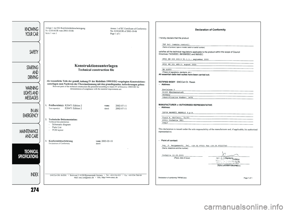 FIAT DUCATO 2010 Owner handbook (in English) 274
KNOWING
YOUR CAR
SAFETY
STARTING
AND
DRIVING
WARNING
LIGHTS AND
MESSAGES
IN AN
EMERGENCY
MAINTENANCE
AND CARE
TECHNICAL
SPECIFICATIONS
INDEX
Pagine_ITA.indd 118-05-2005 11:53:40
231-276 DU FIAT DUCATO 2010 Owner handbook (in English) 274
KNOWING
YOUR CAR
SAFETY
STARTING
AND
DRIVING
WARNING
LIGHTS AND
MESSAGES
IN AN
EMERGENCY
MAINTENANCE
AND CARE
TECHNICAL
SPECIFICATIONS
INDEX
Pagine_ITA.indd 118-05-2005 11:53:40
231-276 DU